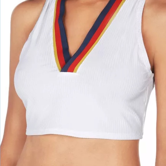 NWT Sperry Ribbed Blue Red Yellow Stripes V neck Swim/Sports CROP TOP, Medium - Picture 2 of 9
